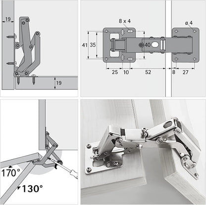 Spring-loaded hinge, 170 degrees, for kitchen cabinets, door hinges, large angle door hinges, angle stop, self-closing hinge, 4 pieces, improved version with buffer damping
