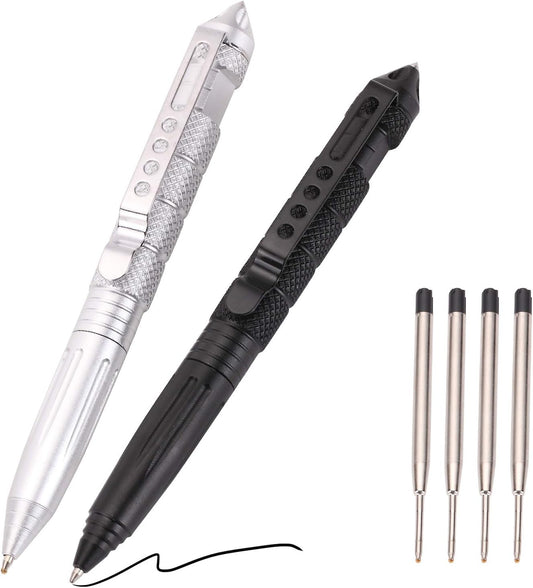 2 Pack Military Tactical Pen Set with 6 Black Ballpoint Refills for Writing, Made of Tungsten Steel & Aluminum (Black & Silver)