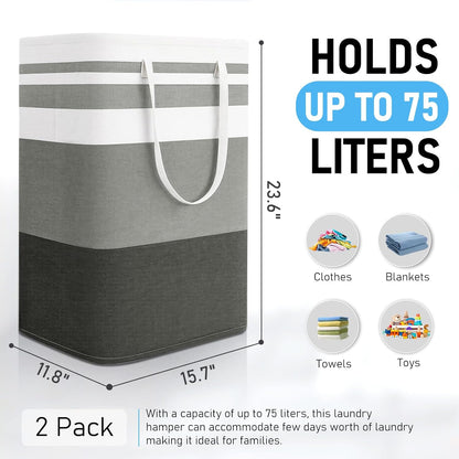 Freestanding Laundry Basket Collapsible Laundry Hamper 2-Pack Large Clothes Storage Bin Foldable Laundry Baskets for Bedroom, Bathroom, Laundry Room