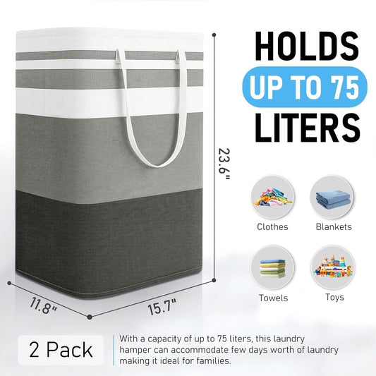 Freestanding Laundry Basket Collapsible Laundry Hamper 2-Pack Large Clothes Storage Bin Foldable Laundry Baskets for Bedroom, Bathroom, Laundry Room