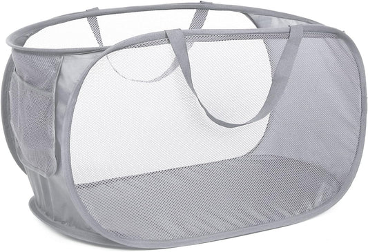 Mesh Collapsible Laundry Basket with Pockets and Reinforced Carry Handles, Foldable Dirty Clothes Pop up Laundry Hamper for Dorm Bathroom Bedroom Travel Dorm Camping (1, Grey)