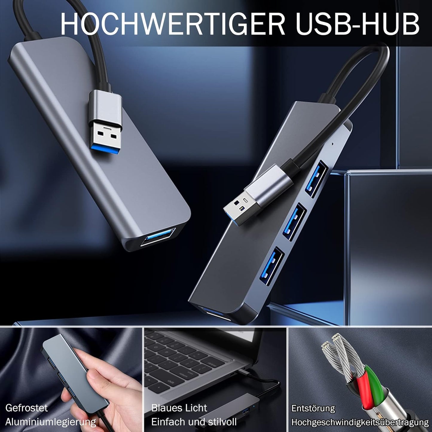 4-Port USB 3.0 Hub, Portable Data USB Hub, USB Splitter for MacBook, Mac Pro, Mac mini, iMac, Surface Pro, Laptop, PC, Flash Drive, Mobile HDD (Charging Not Supported) (3.9ft)