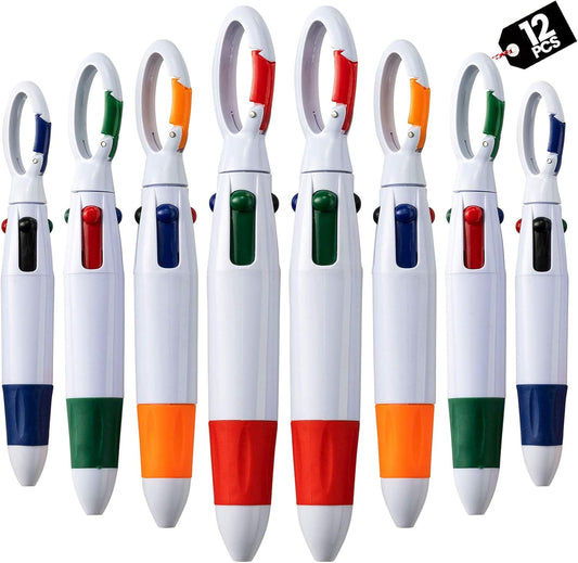 Retractable Shuttle Pens with Carabiner Clip - Pack of 12 Bulk Mini 4-in-1 Multi-Colored Ink Ballpoint Pens with Keychain for Adults, Kids, Nurses, School, Stocking Stuffer Gifts, Party Favors