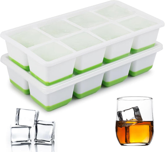 Ice Cube Tray, 2 Pack Large Ice Cube Molds with Lid, Reusable 8-Ice Cube Molds with Bottom Silicone for Freezer, Juices, Whiskey, Cocktails, Coffee (Green)