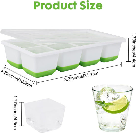 Ice Cube Tray, 2 Pack Large Ice Cube Molds with Lid, Reusable 8-Ice Cube Molds with Bottom Silicone for Freezer, Juices, Whiskey, Cocktails, Coffee (Green)
