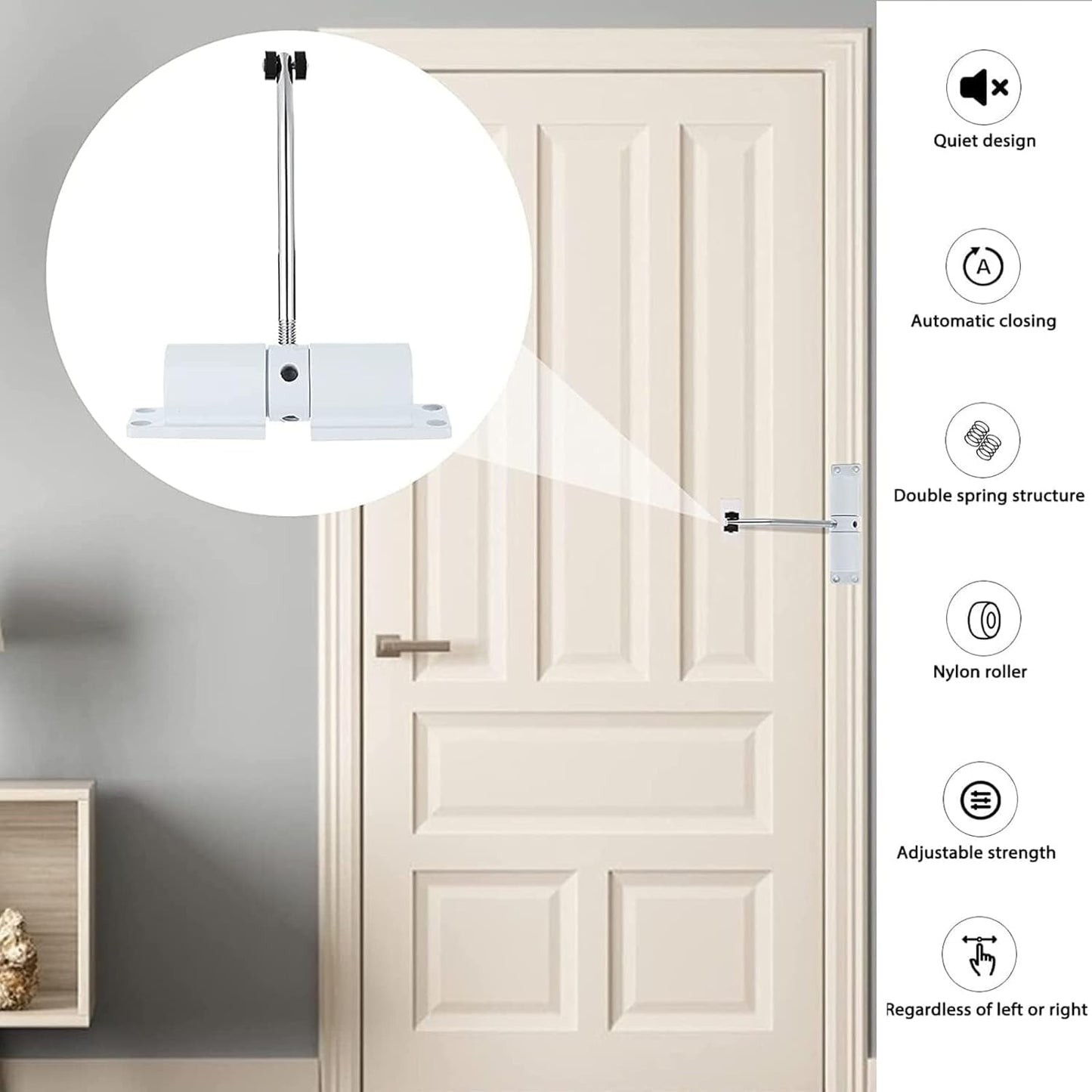 Automatic Door Closer, Zinc Alloy Safety Spring Door Closer Adjustable 30 kg Closing Door Hinge (White)