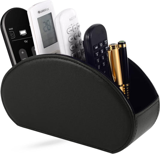 Tv Remote Holder Tray with 5 Compartments,PU Leather Remote Control Holder/Caddy Nightstand Decoration,Placed Media Remote Storage Box/Glasses/Makeup Brush/Office Products/Desktop Organizer (Black)