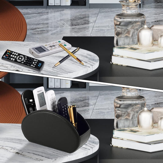 Tv Remote Holder Tray with 5 Compartments,PU Leather Remote Control Holder/Caddy Nightstand Decoration,Placed Media Remote Storage Box/Glasses/Makeup Brush/Office Products/Desktop Organizer (Black)