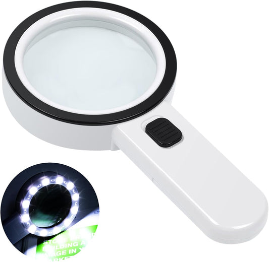 30X Magnifying Glass with Light, 12 LED Illuminated Handheld Magnifier with 8cm Double Glass Lens for Seniors Reading, Crafting, Coins, Jewelry Inspection