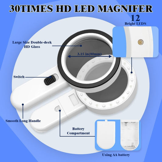 30X Magnifying Glass with Light, 12 LED Illuminated Handheld Magnifier with 8cm Double Glass Lens for Seniors Reading, Crafting, Coins, Jewelry Inspection