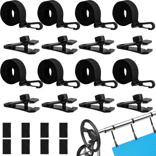 24 Pcs Pool Solar Cover Reel Attachment Kit, Inground Swimming Pool Solar Cover Straps and Clips, Solar Blanket Straps Kit Including 8 Straps with Hooks, 8 Clips and 8 Touch Fastener