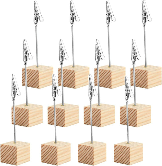 12 Pcs Wooden Memo Clips Holder Table Numbers Place Card Holders Lightweight Wood Cube Base, Memo Photo Picture Paper Note Clip with Alligator Clip Clasp for Displaying Number Cardsr