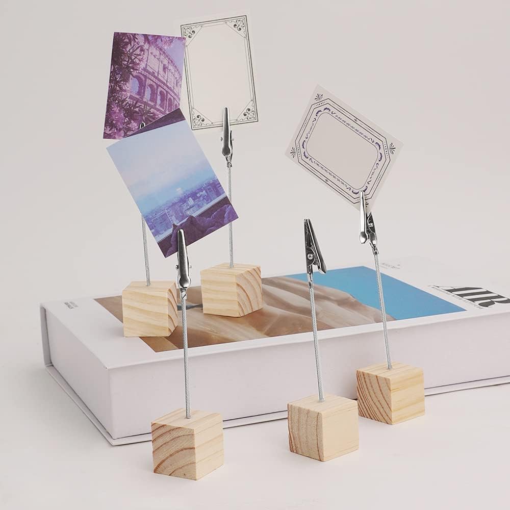 12 Pcs Wooden Memo Clips Holder Table Numbers Place Card Holders Lightweight Wood Cube Base, Memo Photo Picture Paper Note Clip with Alligator Clip Clasp for Displaying Number Cardsr