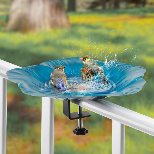 Deck Mounted Bowl Bird Bath for Railing Large 33cm Balcony Clearance Modern Bird Waterer with Stake Clam for Outdoors Garden