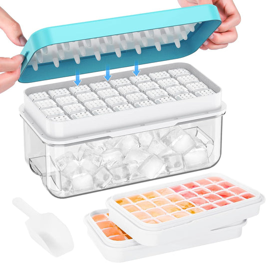 Ice Cube Tray with Lid and Bin, 64 pcs Ice Cubes Molds, Ice Trays for Freezer, Ice Cube Tray Mold, with 2 Trays, Ice Freezer Container, Spill-Resistant Removable Lid & Ice Scoop, for Whiskey,Cocktail