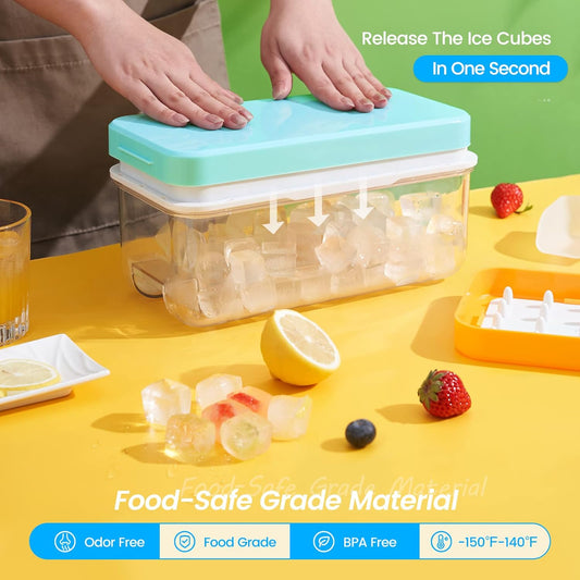 Ice Cube Tray with Lid and Bin, 64 pcs Ice Cubes Molds, Ice Trays for Freezer, Ice Cube Tray Mold, with 2 Trays, Ice Freezer Container, Spill-Resistant Removable Lid & Ice Scoop, for Whiskey,Cocktail