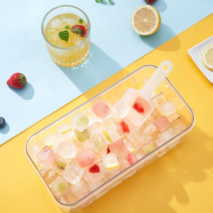 Ice Cube Tray with Lid and Bin, 64 pcs Ice Cubes Molds, Ice Trays for Freezer, Ice Cube Tray Mold, with 2 Trays, Ice Freezer Container, Spill-Resistant Removable Lid & Ice Scoop, for Whiskey,Cocktail