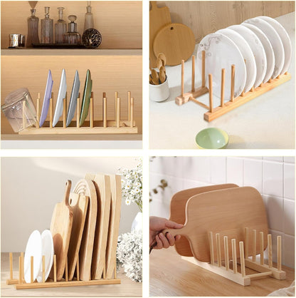 Wooden Dish Rack, 8 Slots Wooden Plate Rack, Dish Stand Holder Vertical Drainer Kitchen Cabinet Organizer for Dish, Pots, Lids, Bowls, Cups,Cutting Board and More