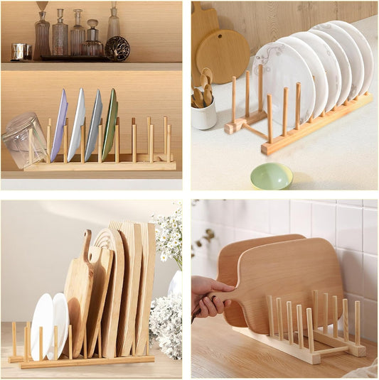 Wooden Dish Rack, 8 Slots Wooden Plate Rack, Dish Stand Holder Vertical Drainer Kitchen Cabinet Organizer for Dish, Pots, Lids, Bowls, Cups,Cutting Board and More