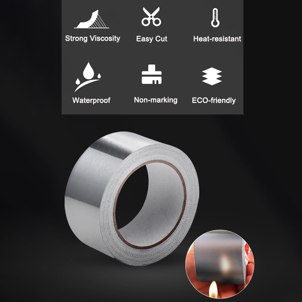 Aluminum Foil Tape, 2 inch x 65 Feet (3.9 mil) Duct Tape Heavy Duty Waterproof, Silver Metal Patch & Seal Tape, High Temperature, Insulation Adhesive for Ductwork, Sealing, Sealant, Dryer Vents