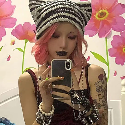 Grunge Beanies Crochet Knitted Hats for Women Girls Fox Cat Ear Goth Emo Alt Y2K Accessories Grunge Clothes