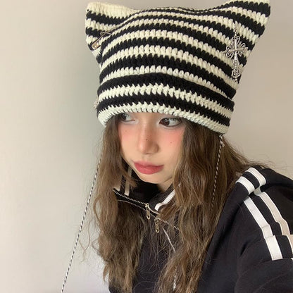 Grunge Beanies Crochet Knitted Hats for Women Girls Fox Cat Ear Goth Emo Alt Y2K Accessories Grunge Clothes