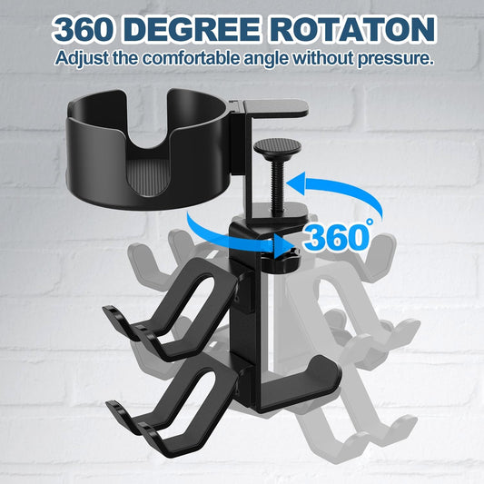 4 in 1 Desk Cup Holder with Headphone Hanger and Controller Stand Gaming Accessories, Universal Adjustable & Rotating Upgraded Arm Clamp for Coffee Mugs, Water Bottles, Headphones, Controller.