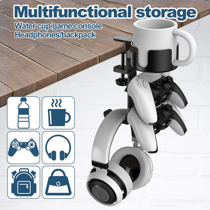 4 in 1 Desk Cup Holder with Headphone Hanger and Controller Stand Gaming Accessories, Universal Adjustable & Rotating Upgraded Arm Clamp for Coffee Mugs, Water Bottles, Headphones, Controller.