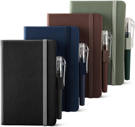 4 Pack Small Notebook Pocket Notebook, A6 Mini Leather Hardcover Journal, 3.7" X 5.7", 416 Pages Note Pads, Black, Green, Brown, Blue Blue, Grown -