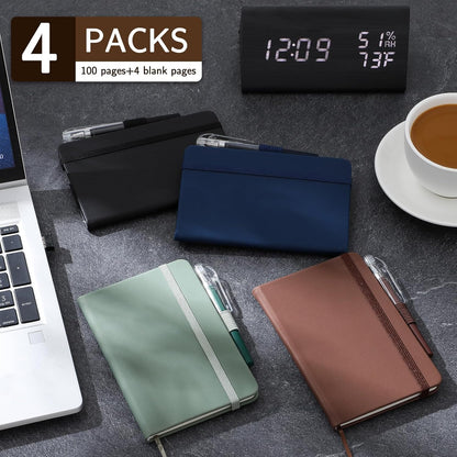 4 Pack Small Notebook Pocket Notebook, A6 Mini Leather Hardcover Journal, 3.7" X 5.7", 416 Pages Note Pads, Black, Green, Brown, Blue Blue, Grown -