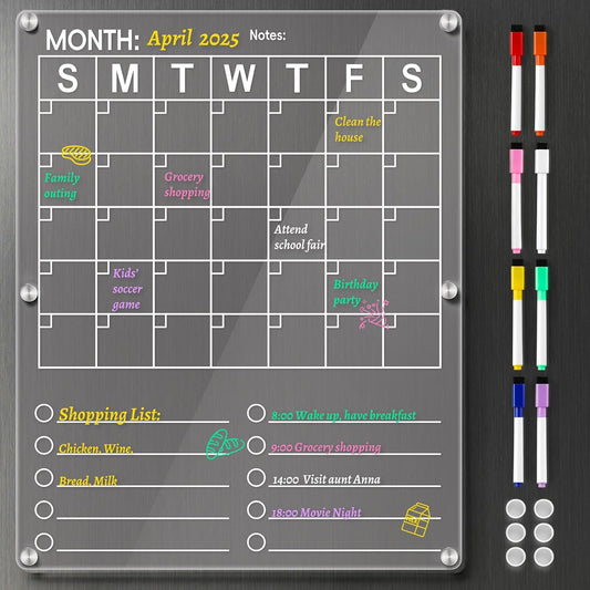 Large Acrylic Magnetic Calendar for Refrigerator, 2in1 Clear Fridge Calendar, Monthly Planning Board with to Do List, Businees Meetings/Grocery 8 Color Markers -14.5''*11.5'' -