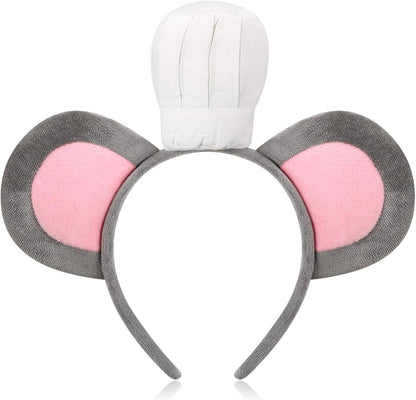 Mouse Headband with Chef Hat Cartoon Costume for Cosplay 100th Day of School Party Decoration Gray -