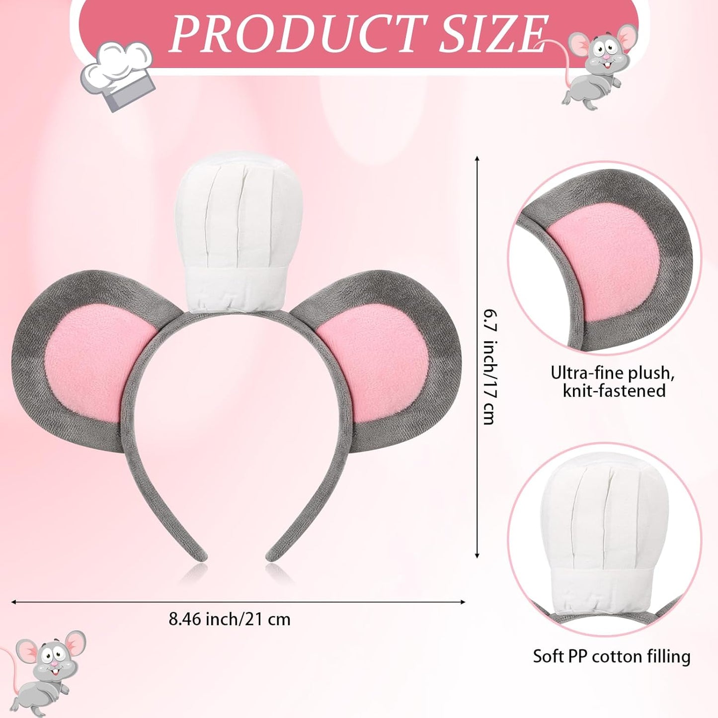 Mouse Headband with Chef Hat Cartoon Costume for Cosplay 100th Day of School Party Decoration Gray -