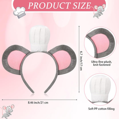 Mouse Headband with Chef Hat Cartoon Costume for Cosplay 100th Day of School Party Decoration Gray -