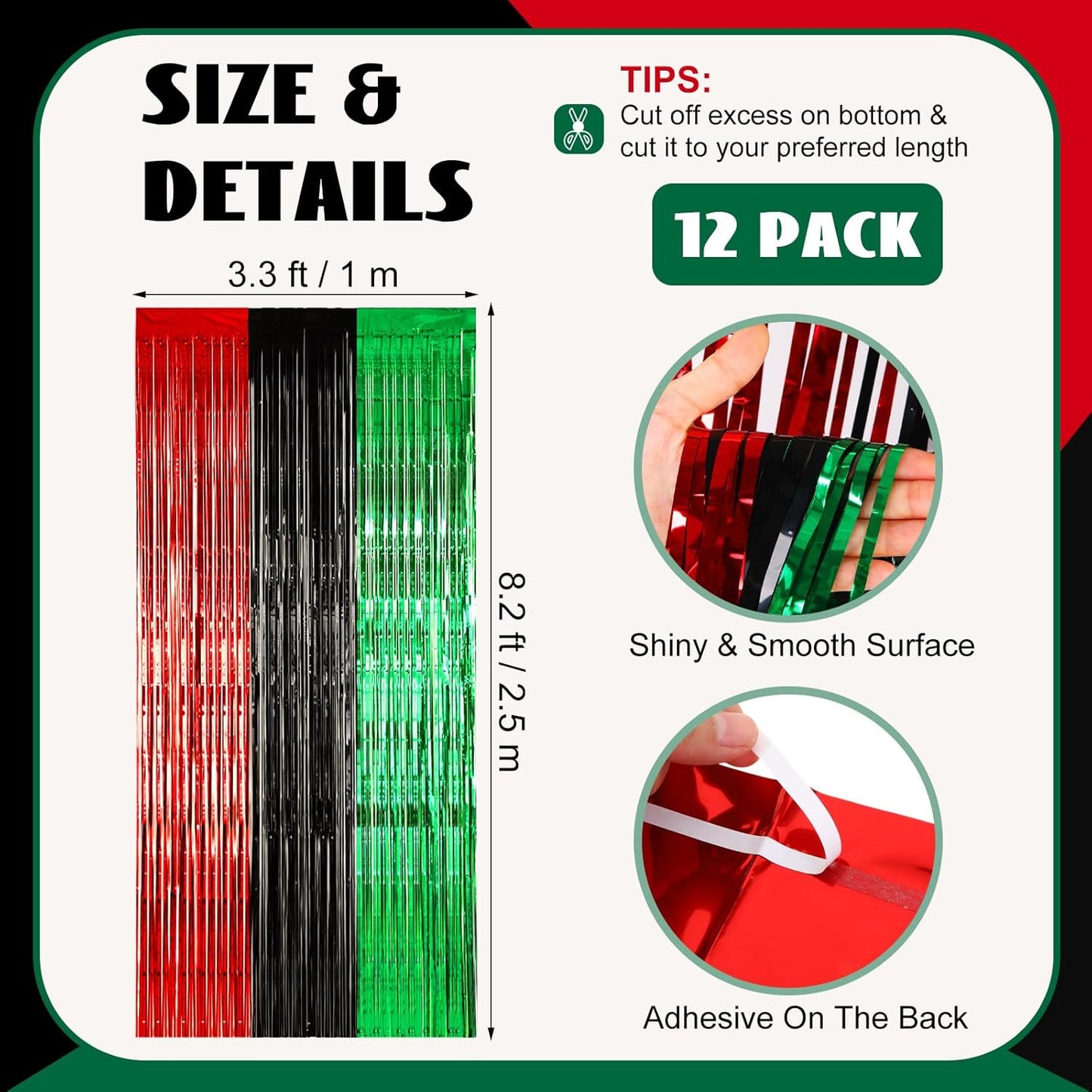 12 Pcs Juneteenth Party Decorations Freedom Day Foil Fringe Curtain Backdrop 100 x 39 Inch Metallic Tinsel Decor Black Red Green African American for Photo Props Red,Black,Green -
