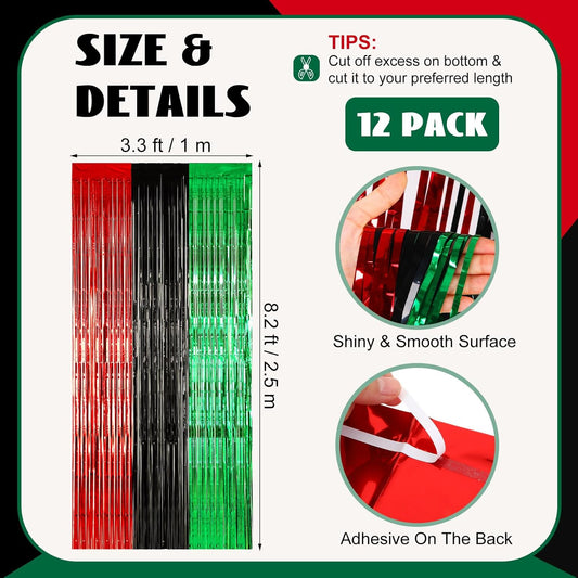 12 Pcs Juneteenth Party Decorations Freedom Day Foil Fringe Curtain Backdrop 100 x 39 Inch Metallic Tinsel Decor Black Red Green African American for Photo Props Red,Black,Green -