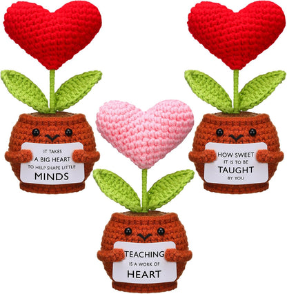 3 Pcs Teacher Appreciation Gifts Easter Gift Positive Flower Handmade Crochet Doll Thank You for Helping Me Grow Teachers Week(Heart) -