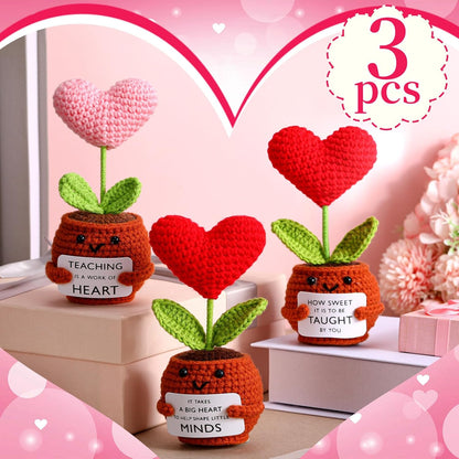 3 Pcs Teacher Appreciation Gifts Easter Gift Positive Flower Handmade Crochet Doll Thank You for Helping Me Grow Teachers Week(Heart) -