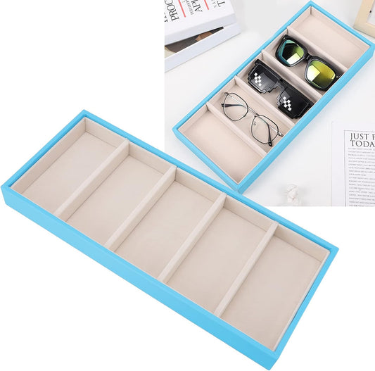 Glasses Organizer Jewelry Tray, 5 Grids Leather Eyeglass Storage Case Sunglass Display Tray and Watch Collection Organizer(Light Blue)