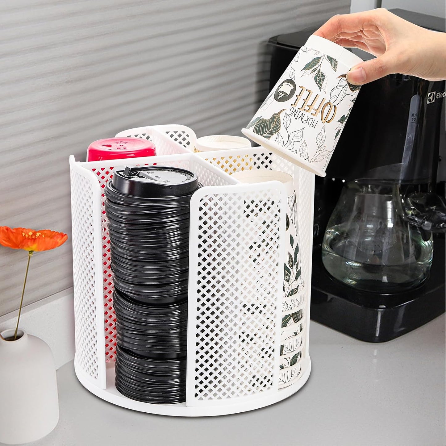 2 Pack Paper Cup & Lid Holder, Rotating Coffee Cups Dispenser with 4 Compartments, Plastic Disposable Storage Organizer for Countertop Bathroom Station Bar Kitchen Office (White)