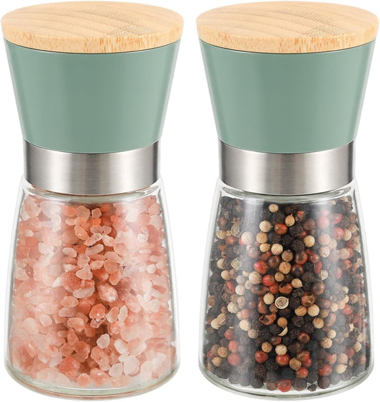 Grinder - Salt and pepper mill - Adjustable grind size - Wooden lid - Stainless steel - Coarse salt and pepper mill - Kitchen - Gift - Handheld spice mill - Two-piece - Green