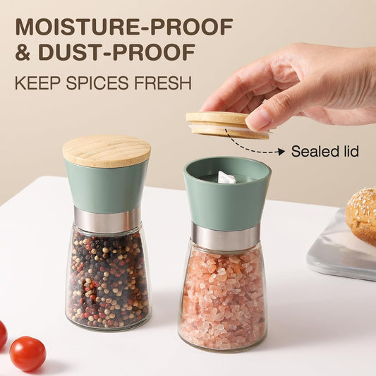 Grinder - Salt and pepper mill - Adjustable grind size - Wooden lid - Stainless steel - Coarse salt and pepper mill - Kitchen - Gift - Handheld spice mill - Two-piece - Green