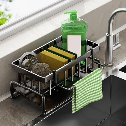 Multifunctional kitchen sink caddy - black stainless steel sponge holder - countertop cleaning rack with removable cloth holder - dish drying rack for kitchen and bathroom (black)