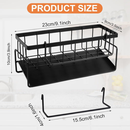Multifunctional kitchen sink caddy - black stainless steel sponge holder - countertop cleaning rack with removable cloth holder - dish drying rack for kitchen and bathroom (black)