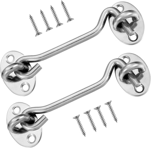 2-pack cabin door latches with hook and eye, 10 cm stainless steel door lock with mounting screws, sturdy twist latch for windows, sliding doors, bedrooms and bathrooms