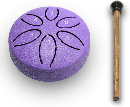 Ethereal Drums - Mini Steel Tongue Drum Kit - for sound healing, meditation and yoga - 3" 6-note - Great for beginners and relaxation - Lavender Purple - Mallets + Tabs + Bag