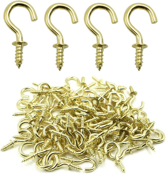 Biaungdo 100 Pcs 1/2" Ceiling Cups Hooks Screw Hooks Ceiling Cup Hooks Self-Tapping Screws Hooks Gold