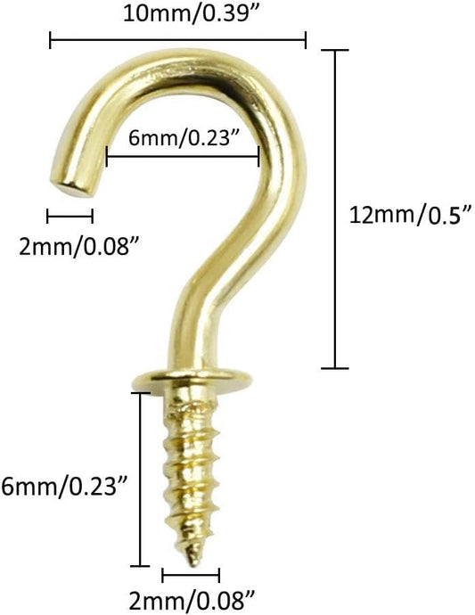 Biaungdo 100 Pcs 1/2" Ceiling Cups Hooks Screw Hooks Ceiling Cup Hooks Self-Tapping Screws Hooks Gold
