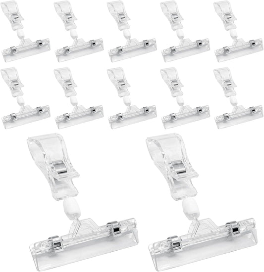 Biaungdo 12 Pcs Rotating Clip Swivel Sign Rotatable Holding Clamp, Clear Rotating Sign Clip Price Display Holder Clips for Shelves, Store, Business, Exhibition, Supermarkets