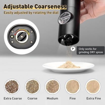 Electric Pepper Grinder or Salt Mill, Battery Powered Automatic Pepper Mill, Ceramic Grinder with Adjustable Coarseness, LED Light, One Hand Operation (1 pack)